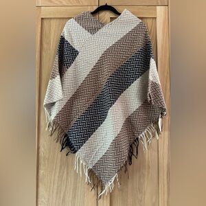 Chevron Patterned Poncho in Cream, Brown, and Black